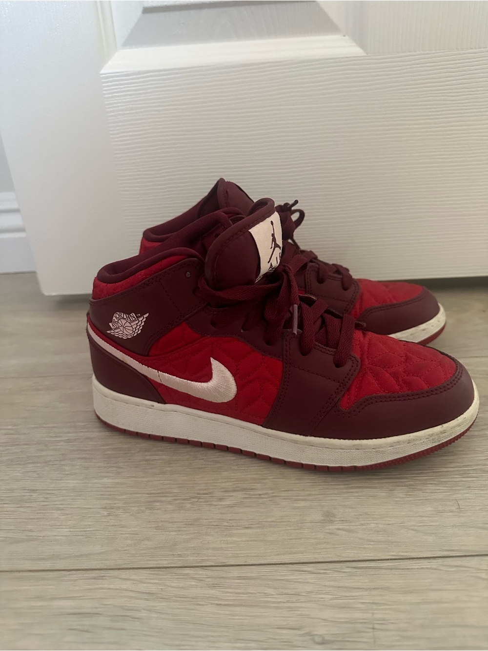 Nike Air Jordan 1 Mid Red and Burgundy Quilted Sneakers